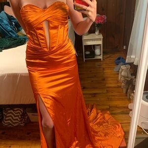 Elegant Orange Strapless Evening Gown